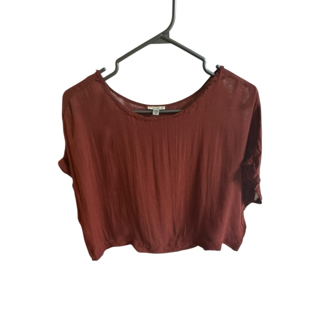 ECOTÉ Women’s Sheer Thin Raw Neckline Maroon Boxy Fit Blouse Top Sz S